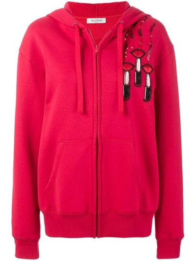 Shop Valentino Lipstick Print Hoodie In Red