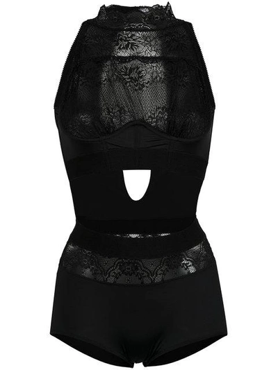 Shop À La Garçonne High Neck Lace Bodysuit In Black