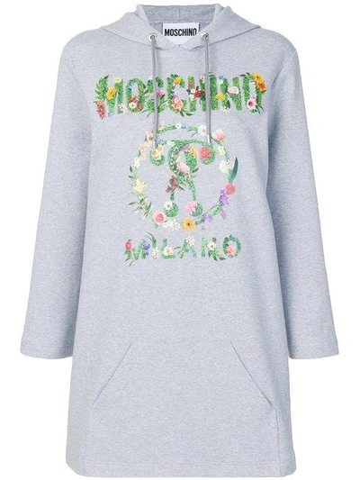 Shop Moschino Floral Print Logo Hoodie In Grey