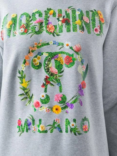 Shop Moschino Floral Print Logo Hoodie In Grey