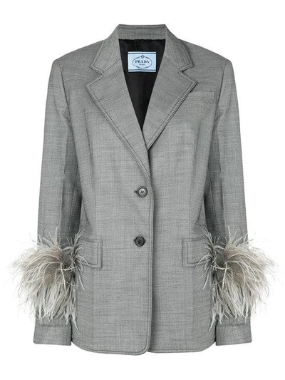 Shop Prada Ostrich Feather Cuff Jacket In Grey
