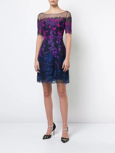 Shop Marchesa Notte Floral Embroidered Mesh Dress In Purple