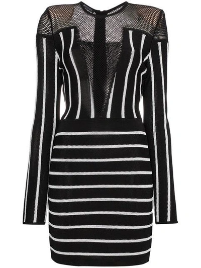 Shop Balmain Striped Mini Dress With Mesh Detail In Black