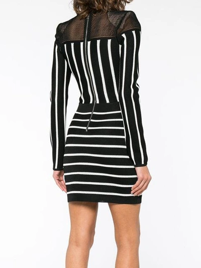 Shop Balmain Striped Mini Dress With Mesh Detail In Black
