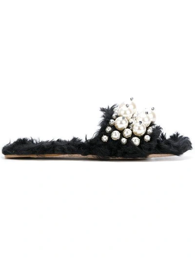 Miu Miu Embellished Faux-shearling Slides In Black
