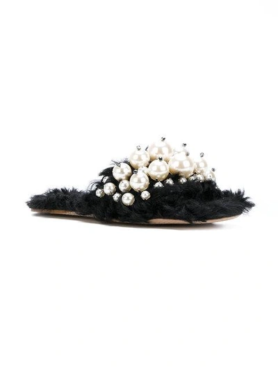 Miu Miu Embellished Faux-shearling Slides In Black
