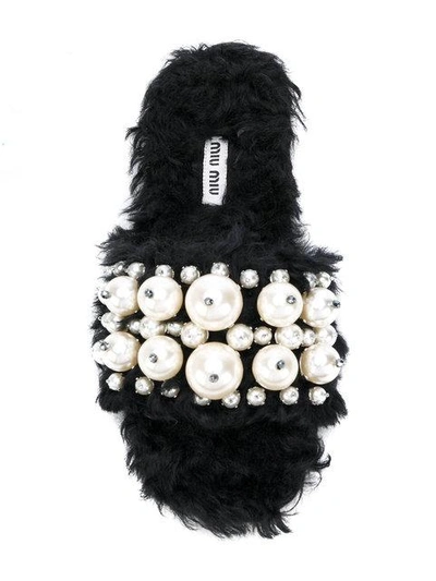 Miu Miu Embellished Faux-shearling Slides In Black
