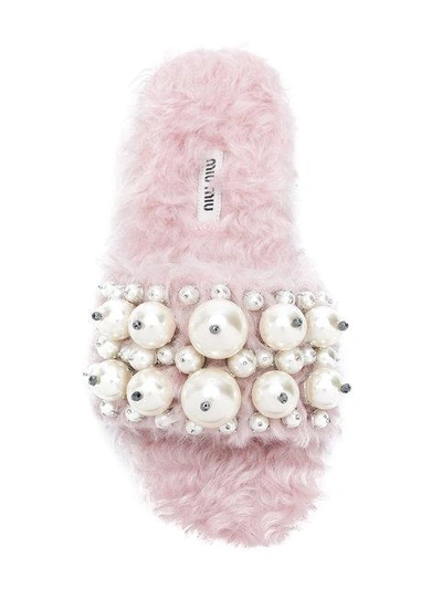 Shop Miu Miu Pearl-embellished Sandals
