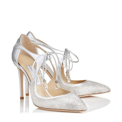 Shop Jimmy Choo Vanessa 100 Silver Metallic Nappa Leather And Crystal Pointy Toe Pumps In Crystal/silver