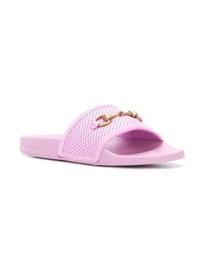 Shop Gucci Horsebit Perforated Sliders In Pink
