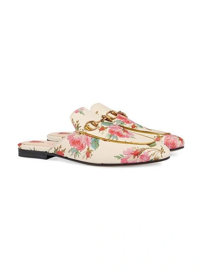 Shop Gucci Princetown Rose Print Leather Slippers In White