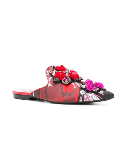 Shop Emilio Pucci Printed Embellished Slippers In Red