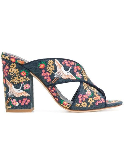 floral embroidered block heel sandals