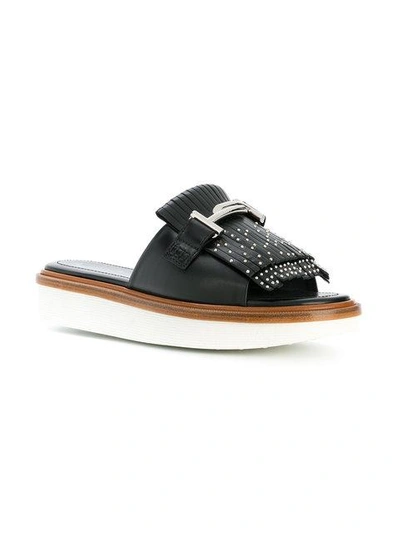 Shop Tod's Double T Fringed Slides In Black