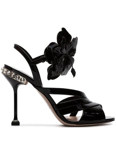 Shop Miu Miu Black Flower 105 Patent Leather Sandals