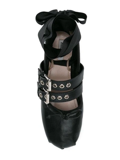 Shop Miu Miu Black Leather Double Buckle Ballerina Flats