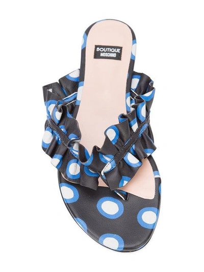 Shop Boutique Moschino Polka Dot Ruffled Thong Sandals In Blue