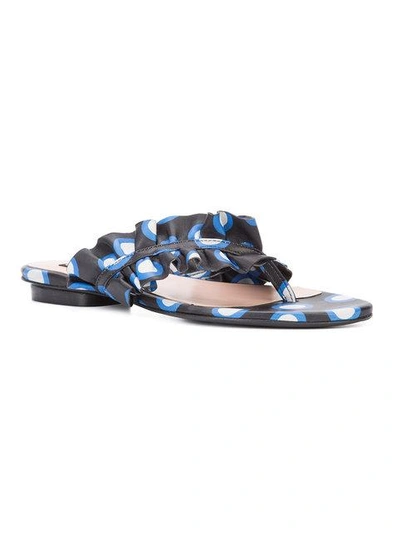 Shop Boutique Moschino Polka Dot Ruffled Thong Sandals In Blue