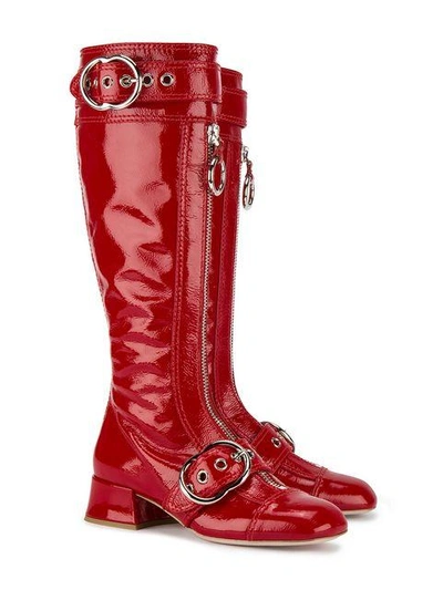 Shop Miu Miu Red Patent Leather Zipper Knee Boots