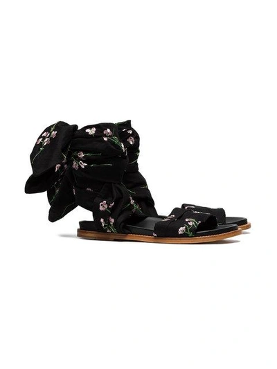 Shop Marques' Almeida Black Floral Embroidered Wrap Sandals