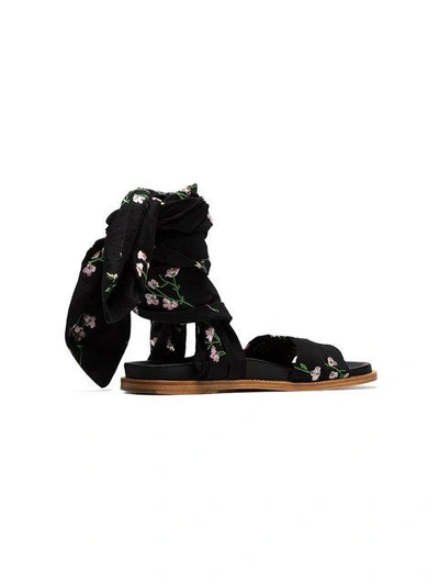 Shop Marques' Almeida Black Floral Embroidered Wrap Sandals