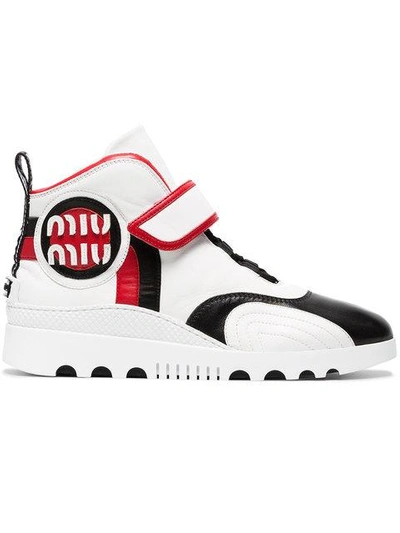Shop Miu Miu White Logo Leather High Top Sneakers