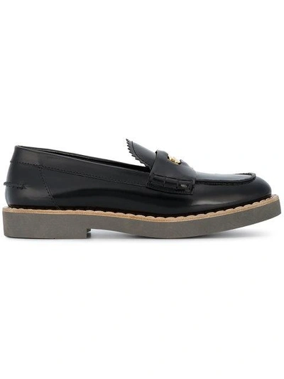 Shop Miu Miu Black Leather Penny Logo Loafers