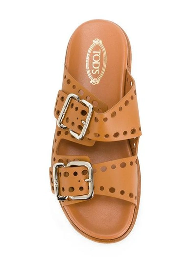 Shop Tod's Punched Hole Double Strap Platform Sandals In S002 Brown