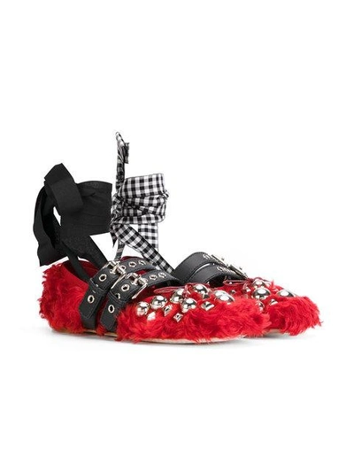 Shop Miu Miu Furry Beaded Ballerina Shoes - Red