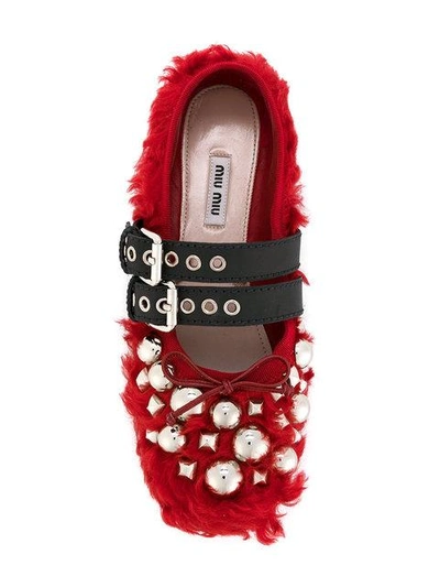 Shop Miu Miu Furry Beaded Ballerina Shoes - Red