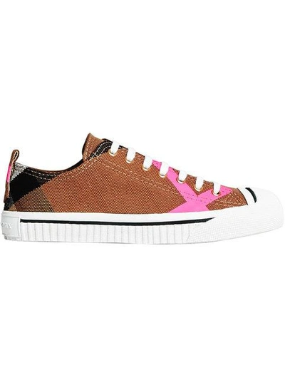 Shop Burberry Canvas Check And Leather Sneakers In Brown
