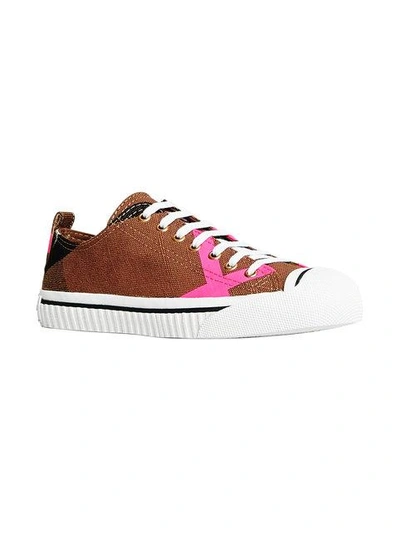 Shop Burberry Canvas Check And Leather Sneakers In Brown