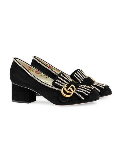 Shop Gucci Suede Mid-heel Pumps With Crystals In Black