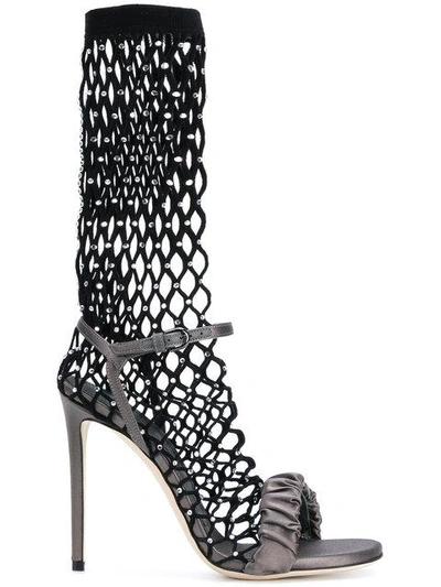 Shop Marco De Vincenzo Crystal Fishnet Sandals In Grey