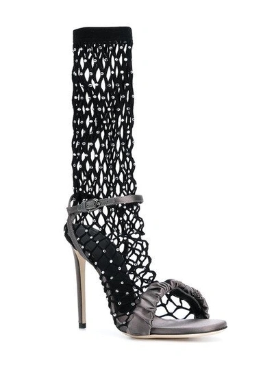 Shop Marco De Vincenzo Crystal Fishnet Sandals In Grey