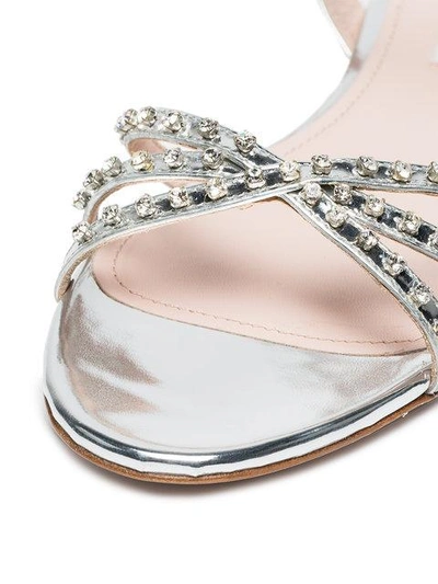Shop Miu Miu Silver Metallic 20 Crystal Leather Flat Sandals