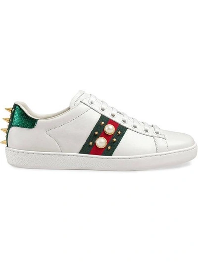Shop Gucci Ace Studded Leather Sneakers In White