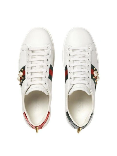 Gucci Women's Ace studded pearl and metal spike on gold light leather  sneaker