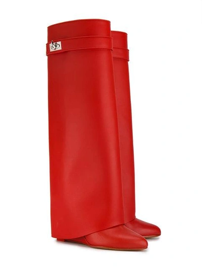Shop Givenchy Red Leather Shark Lock 90 Knee Boots