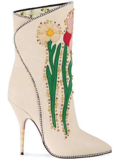 Shop Gucci Cream Flowers 110 Leather Boots In 9265 Bianco