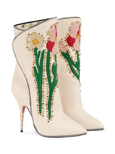 Shop Gucci Cream Flowers 110 Leather Boots In 9265 Bianco