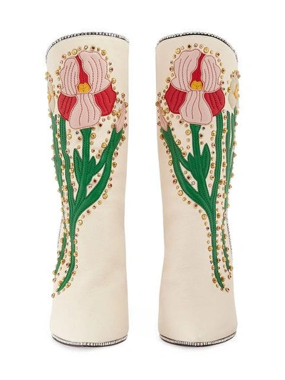 Shop Gucci Cream Flowers 110 Leather Boots In 9265 Bianco