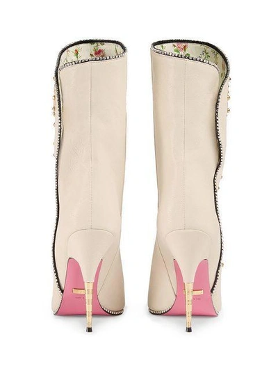 Shop Gucci Cream Flowers 110 Leather Boots In 9265 Bianco