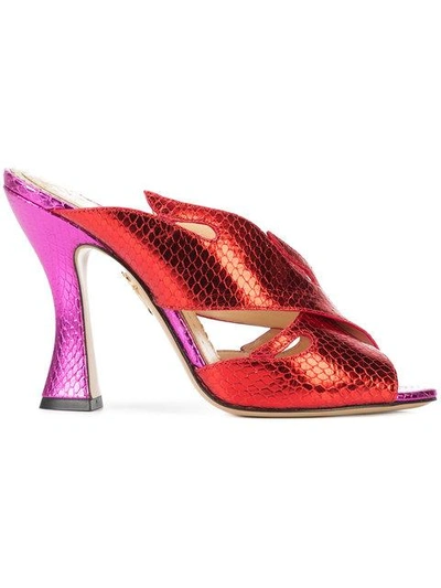 Shop Charlotte Olympia Metallic Flame Mules In Red