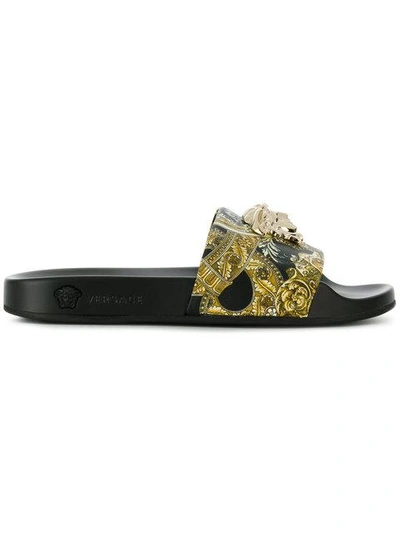 Shop Versace Baroque Printed Slides In Yellow