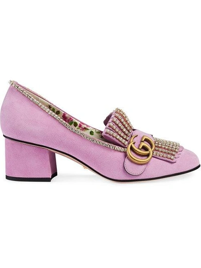 Shop Gucci Suede Mid-heel Pumps With Crystals