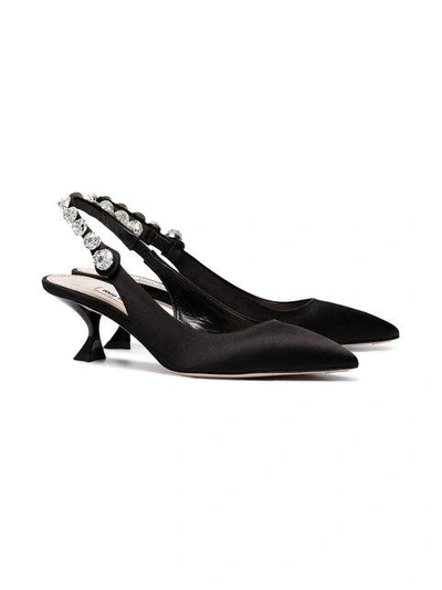 Shop Miu Miu Satin 55 Slingback Pumps With Crystal Embellishment - Black