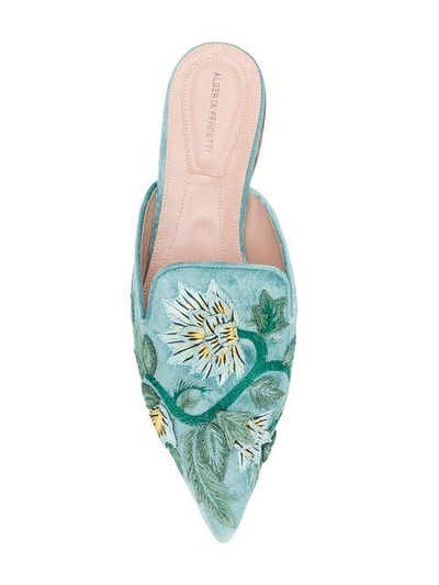 Shop Alberta Ferretti Embroidered Floral Mules - Blue