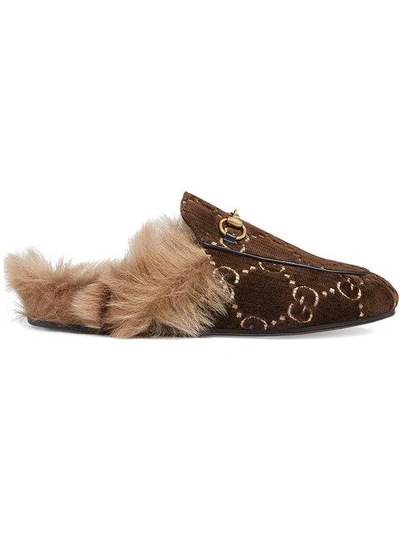 Shop Gucci Princetown Gg Velvet Slippers In Brown