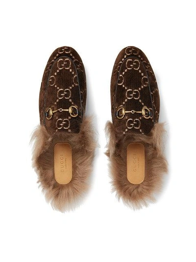 Shop Gucci Princetown Gg Velvet Slippers In Brown